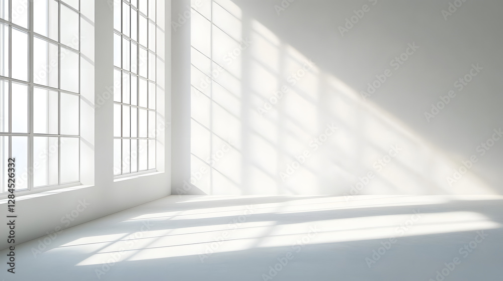 Fototapeta premium A clean, white room with sunlight streaming in through the window, casting shadows on an empty wall