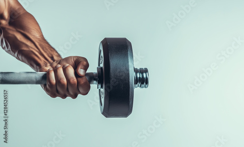 Hand gripping black barbell, fitness equipment, strength training, isolated background, weightlifting concept  photo