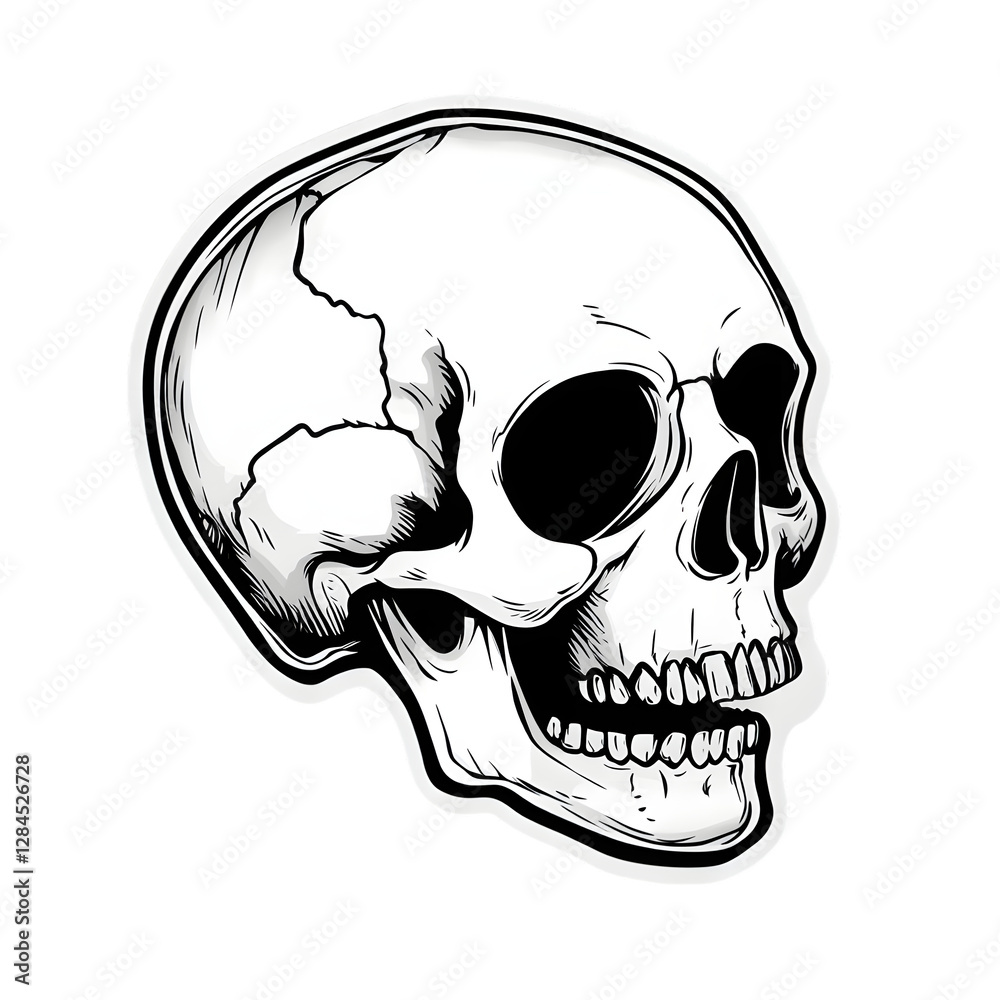 Obraz premium Intricate black and white illustration of a human skull in a vintage tattoo style
