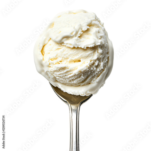 Luscious scoop of vanilla ice cream resting on a shiny silver spoon