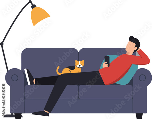 Cozy man relaxing on couch with cat in flat vector illustration