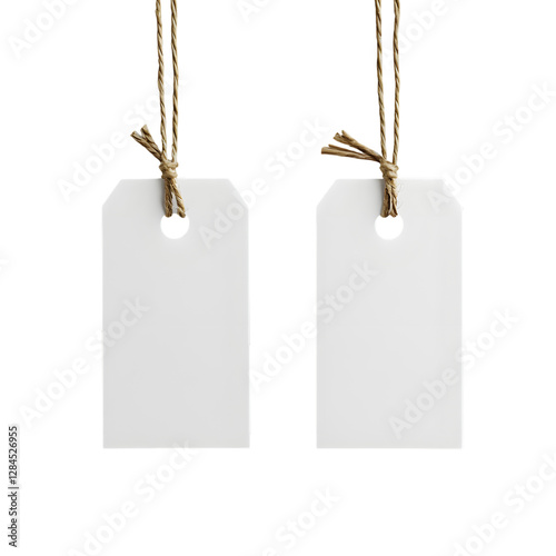 Two blank white rectangular paper tags hanging from rustic twine