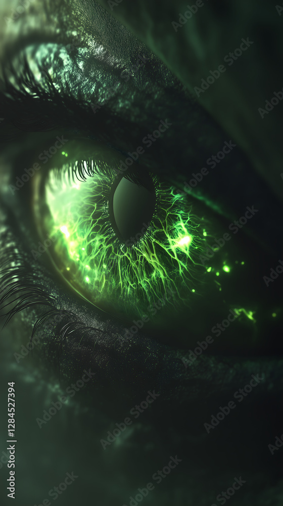 Fototapeta premium A high-resolution close-up of an eerie alien eye featuring glowing green veins and a reptilian texture