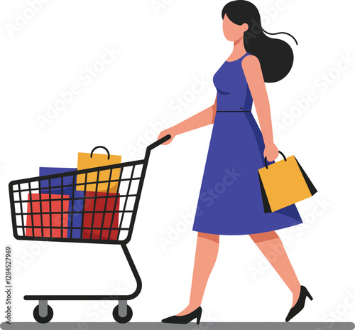 Shopping woman with cart and bag in flat style vector art