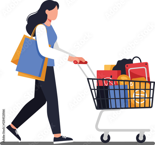 Woman shopping with bags pushing a cart in flat vector art