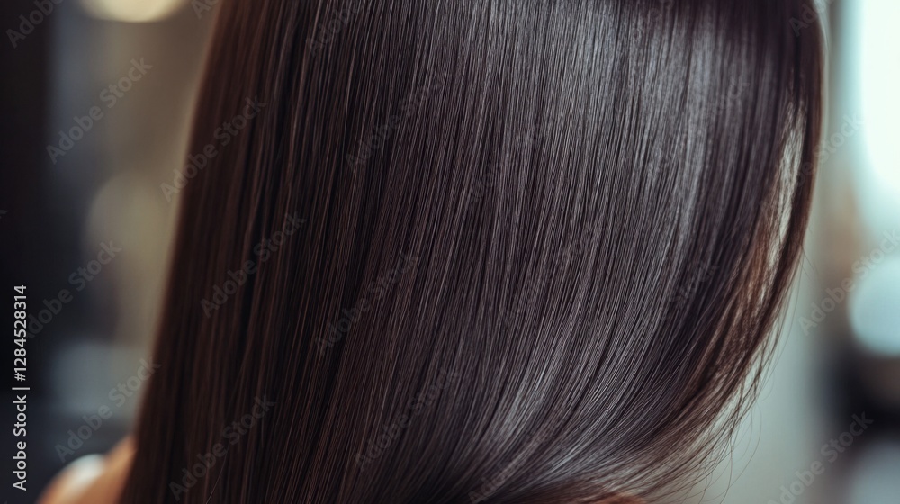 Close-up of healthy dark brown hair cascading down, captured from the back, highlighting smooth texture Close-up of healthy dark brown hair cascading down, captured from the back, highlighting smooth texture