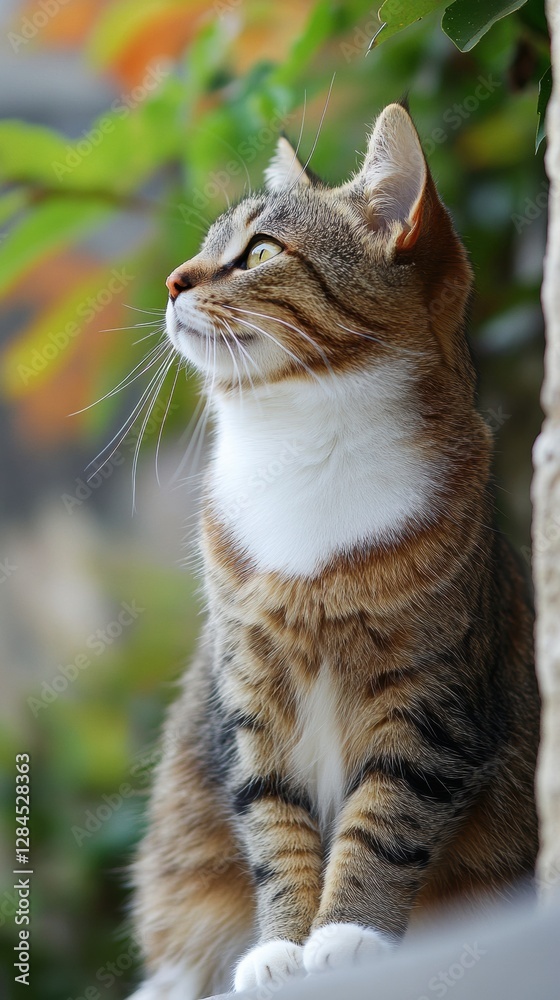 Cat sitting calmly in a natural setting, gazing thoughtfully at the vibrant autumn foliage nearby. Generative AI Cat sitting calmly in a natural setting, gazing thoughtfully at the vibrant autumn foliage nearby. Generative AI