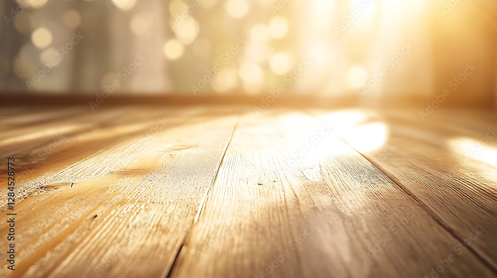 Fototapeta premium Serene wooden floor bathed in warm sunlight creating a calming atmosphere indoors : Generative AI