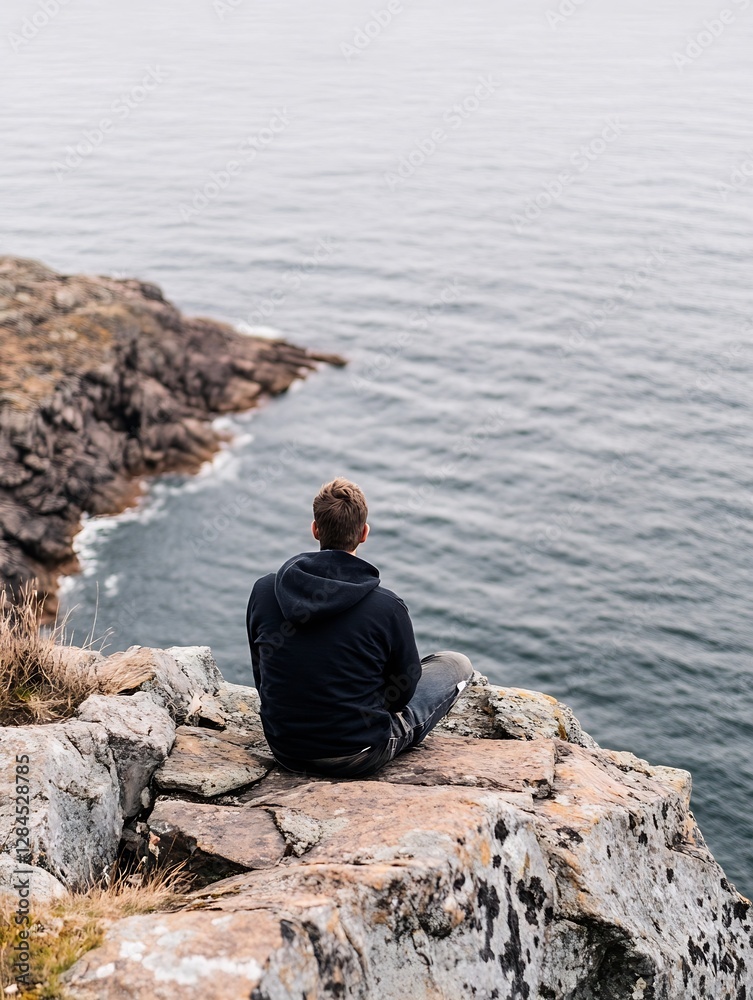 Lonely Man Sitting on Rocky Edge Overlooking Calm Ocean Waters : Generative AI Lonely Man Sitting on Rocky Edge Overlooking Calm Ocean Waters : Generative AI