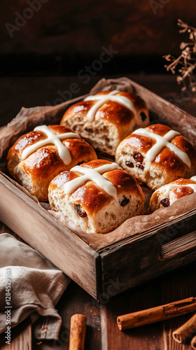 Wooden tray with freshly baked hot cross buns, golden-brown and glazed, featuring iconic white crosses. Rustic linen napkins and cinnamon sticks enhance the cozy, traditional aesthetic