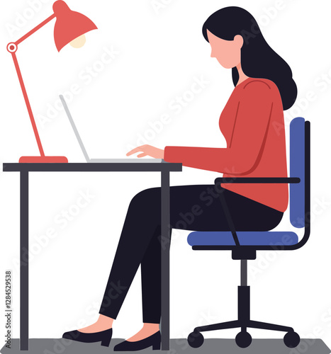 Woman sitting at desk with laptop in flat vector art style