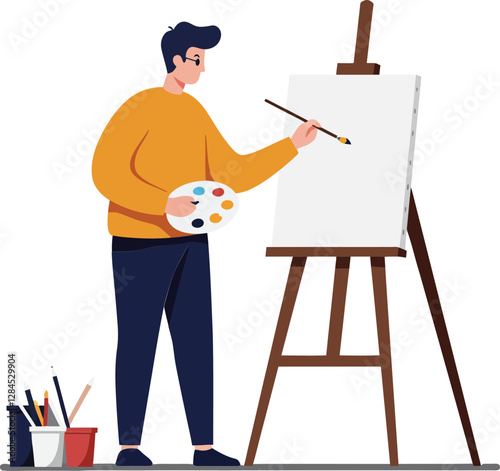 Artist painting on canvas in a creative studio flat vector art