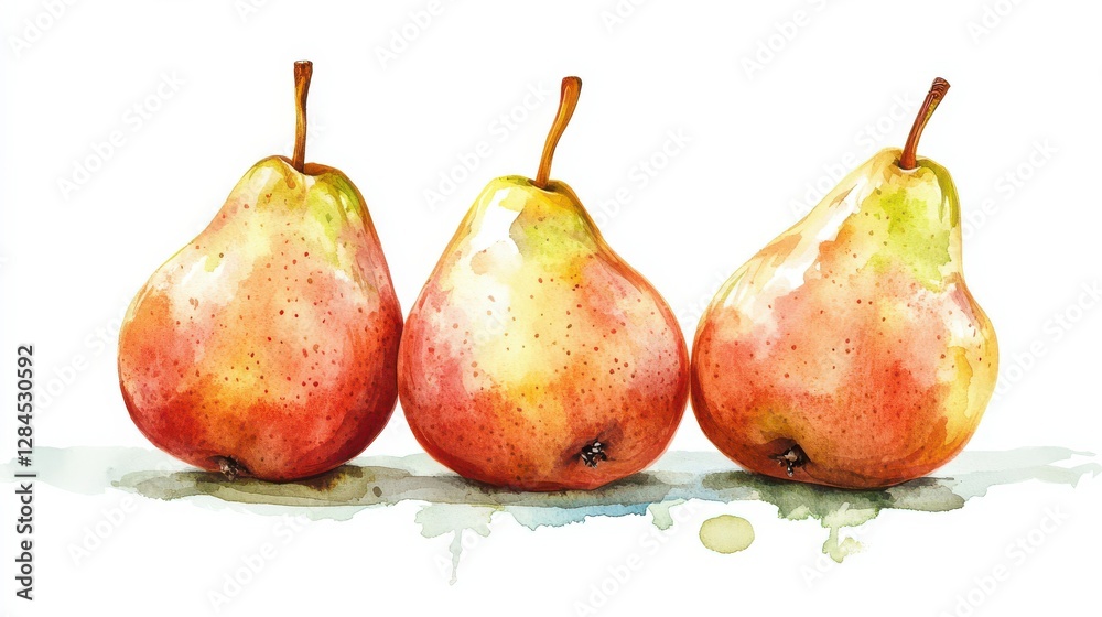 Three vibrant watercolor pears in a row on white background Three vibrant watercolor pears in a row on white background