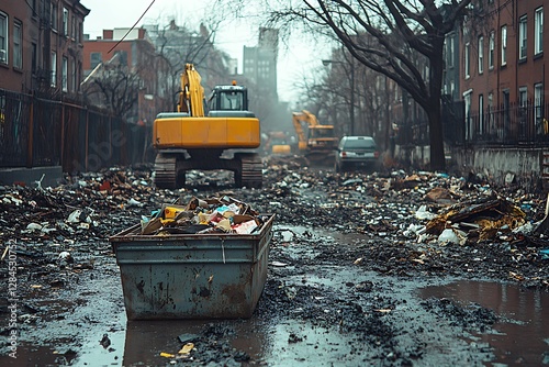 Urban Construction Site Trash Dump with Heavy Machinery