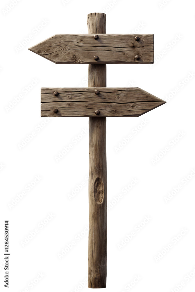 Weathered Wooden Signpost with Directional Arrows, Isolated on White Background Weathered Wooden Signpost with Directional Arrows, Isolated on White Background