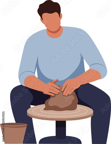 Man shaping clay on a pottery wheel in flat vector art style