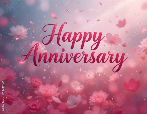 Happy anniversary typography with rose background.