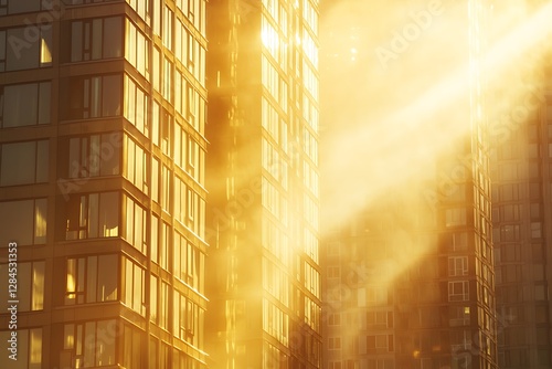 Sun rays light effects on urban buildings Fragment modern residential apartment with flat buildings exterior Detail new luxury house and home complex