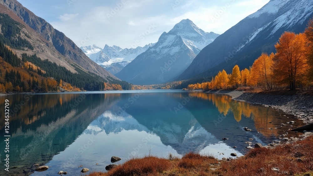 Obraz premium A Serene Autumn Landscape Showcases Majestic Snow-Capped Mountains and Vibrant Golden Foliage Along the Lake Edge