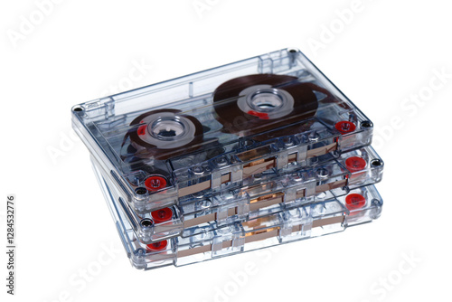 Stack of retro audio cassettes isolated on white background