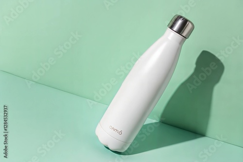Modern White Vacuum Insulated Water Bottle on Mint Green Background, bottle of champagne