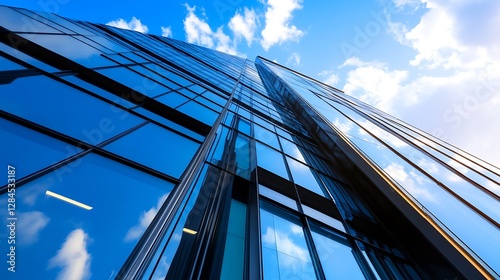 Wallpaper Mural Modern glass skyscraper reflecting bright blue sky and scattered clouds in a vibrant urban setting : Generative AI Torontodigital.ca