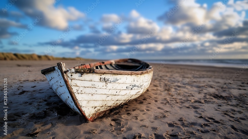 Abandoned wooden boat resting on sandy beach with soft waves and beautiful clouds in the sky : Generative AI Abandoned wooden boat resting on sandy beach with soft waves and beautiful clouds in the sky : Generative AI