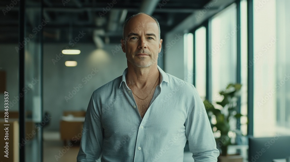 A man with thinning hair confidently walking through a stylish office space. Featuring empowerment and personal growth A man with thinning hair confidently walking through a stylish office space. Featuring empowerment and personal growth