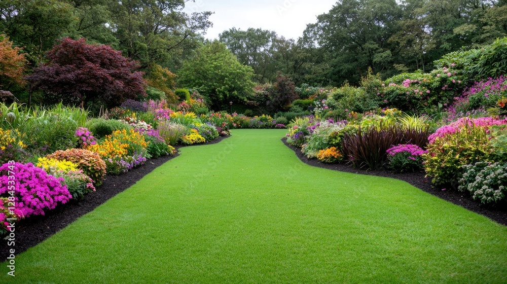 Obraz premium Lush garden path, colorful flowers, green grass, tranquil scene, suitable for wallpaper