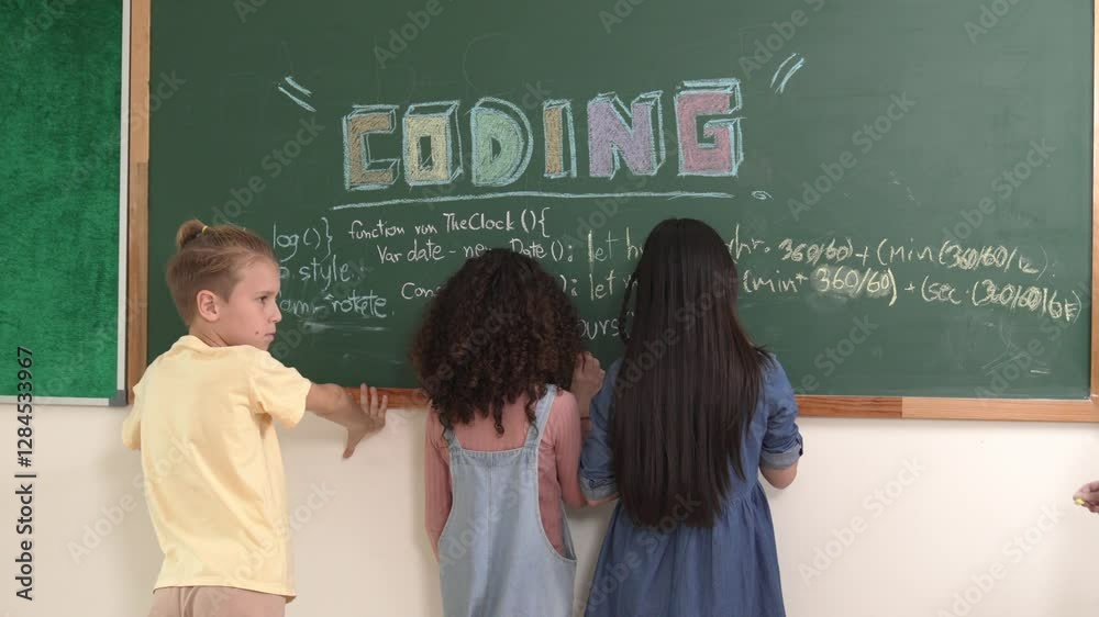 Back view of smart student writing coding engineering prompt and generated AI programing system code at blackboard. Happy diverse children working together to plan website development plan. Pedagogy. Back view of smart student writing coding engineering prompt and generated AI programing system code at blackboard. Happy diverse children working together to plan website development plan. Pedagogy.