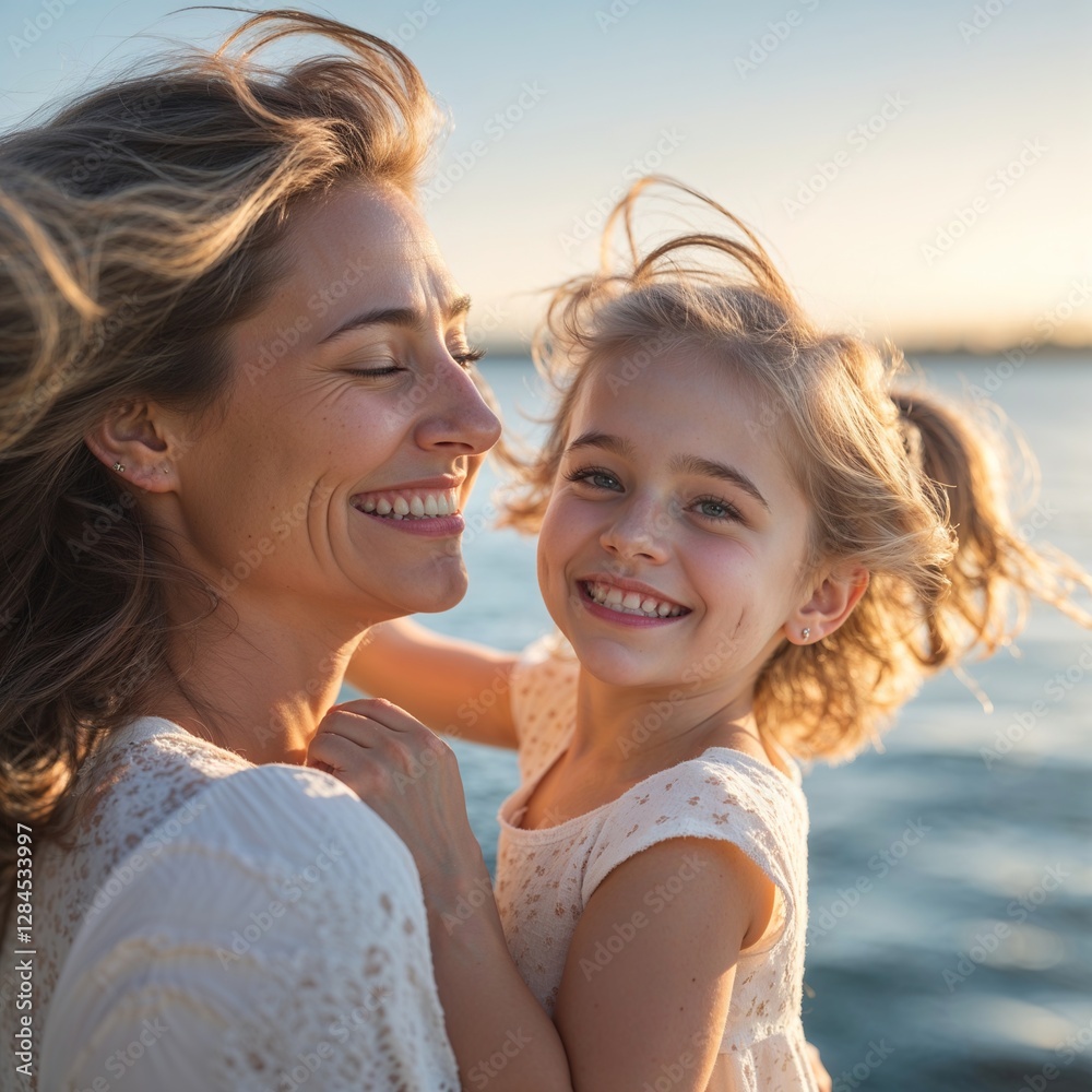 A mother embraces her daughter, both smiling brightly as they stand by the water. The sun sets in the background, casting a warm glow on their joyful faces A mother embraces her daughter, both smiling brightly as they stand by the water. The sun sets in the background, casting a warm glow on their joyful faces