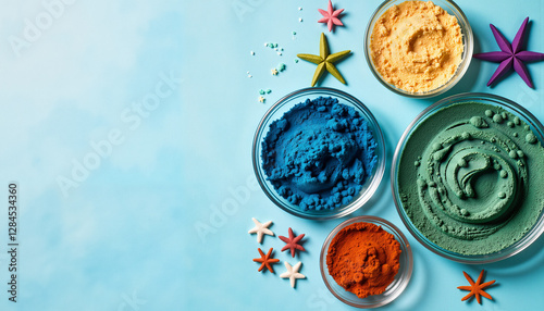 Colorful marine-inspired powders in transparent bowls, ocean theme