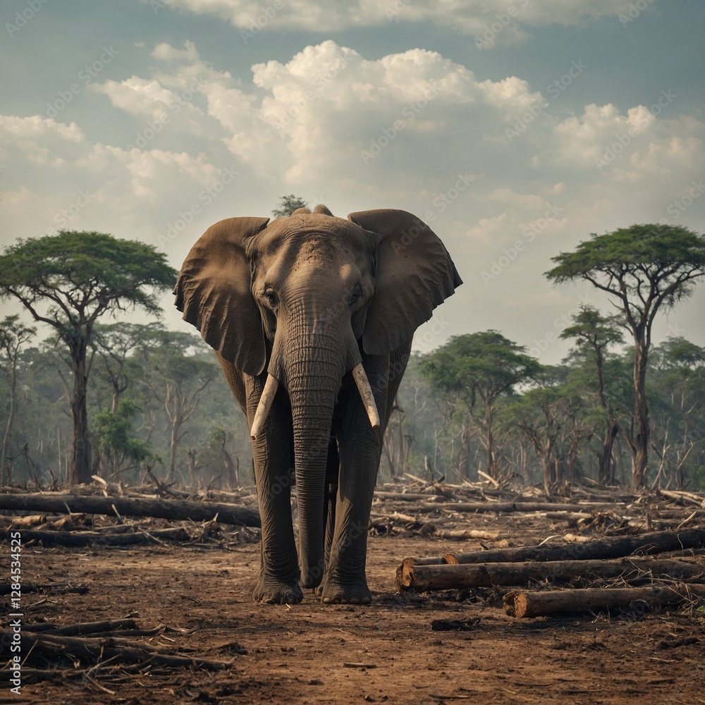 Obraz premium In the African wilderness, a majestic, weathered old elephant stands proudly, with tusks bearing the marks of time and deep wrinkles mapping a lifetime of wisdom. This stunning image, perhaps a painti