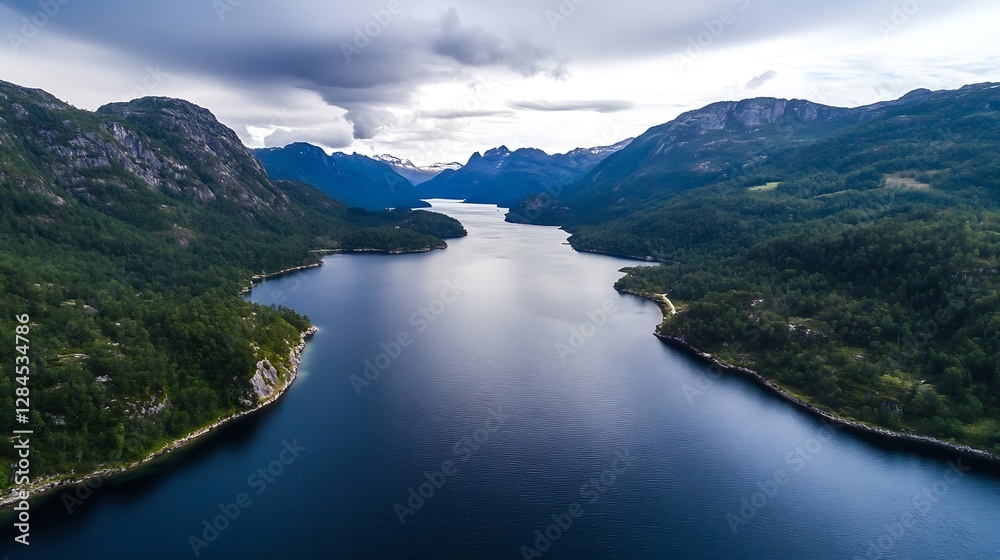 Stunning aerial view of a deep blue fjord surrounded by majestic mountains and lush greenery : Generative AI Stunning aerial view of a deep blue fjord surrounded by majestic mountains and lush greenery : Generative AI