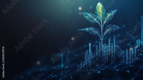 An abstract digital economy concept, with a plant growing from a candlestick chart in low poly wireframe style, dark blue backdrop, ultrarealistic, highdefinition render photo