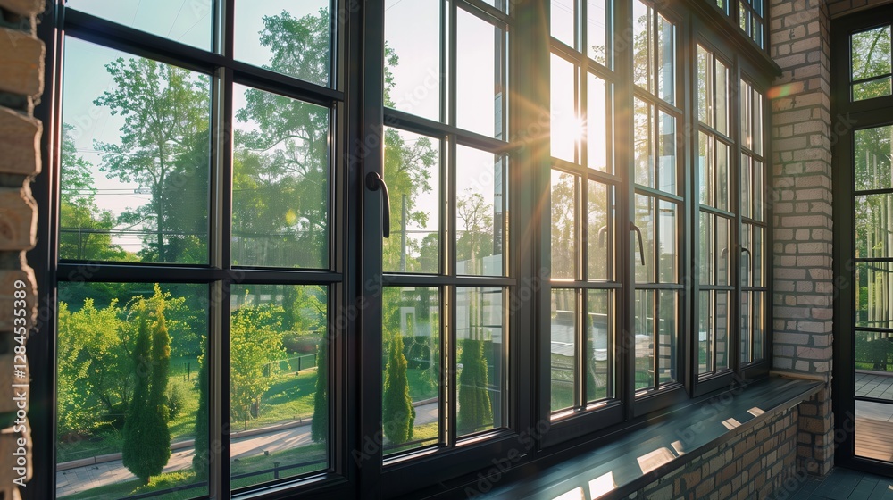 Fototapeta premium A panoramic high window of a black metal and plastic frame with clean glass, located in the corridor or on the veranda of a public premises with a view of the city park on a summer day.