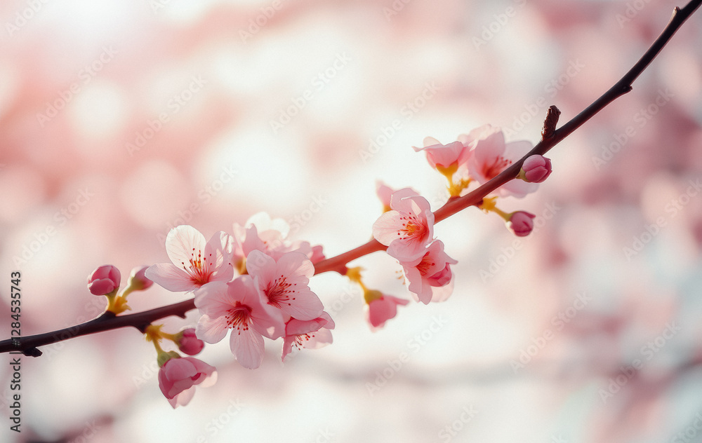 Delicate pink cherry blossoms in soft focus with sunlight filtering through Delicate pink cherry blossoms in soft focus with sunlight filtering through