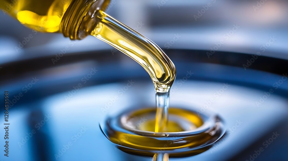 Golden oil pouring from bottle creating mesmerizing swirl in metallic basin under natural light : Generative AI Golden oil pouring from bottle creating mesmerizing swirl in metallic basin under natural light : Generative AI