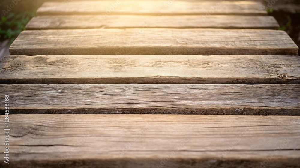 Close up shot of rustic wooden planks with warm sunlight creating a soft glow over the surface : Generative AI