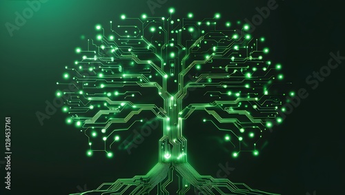 Captivating image of a stylized, glowing green tree formed from circuitry, set against a dark, subtly textured background.