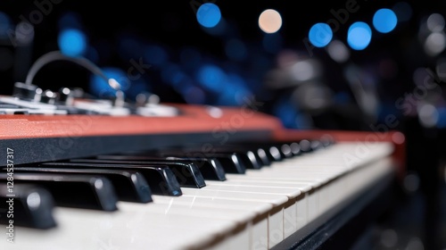 Red electronic keyboard keys stand ready on a dark stage with blue bokeh lights before a live concert performance.