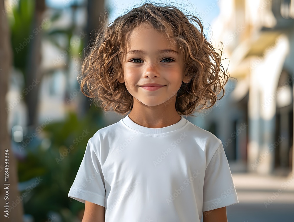 Child in white t-shirt smiling in urban environment with soft lighting. Generative AI. Child in white t-shirt smiling in urban environment with soft lighting. Generative AI.