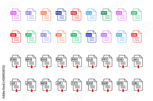 File format icon collection with various document types including PDF, JPG, DOC, XLS, MP4, RAR, ZIP, MP3, PSD, GIF, EPS, SVG and more, designed as a stock vector set.	