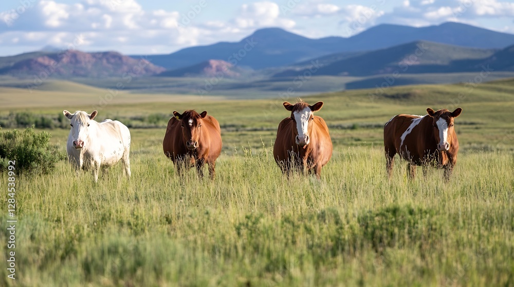 Four Cows Grazing on Lush Green Pasture with Mountains in the Background : Generative AI Four Cows Grazing on Lush Green Pasture with Mountains in the Background : Generative AI