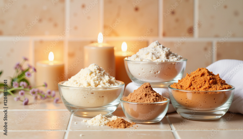 Serene spa ambiance with colorful powders in glass bowls, relaxation Serene spa ambiance with colorful powders in glass bowls, relaxation