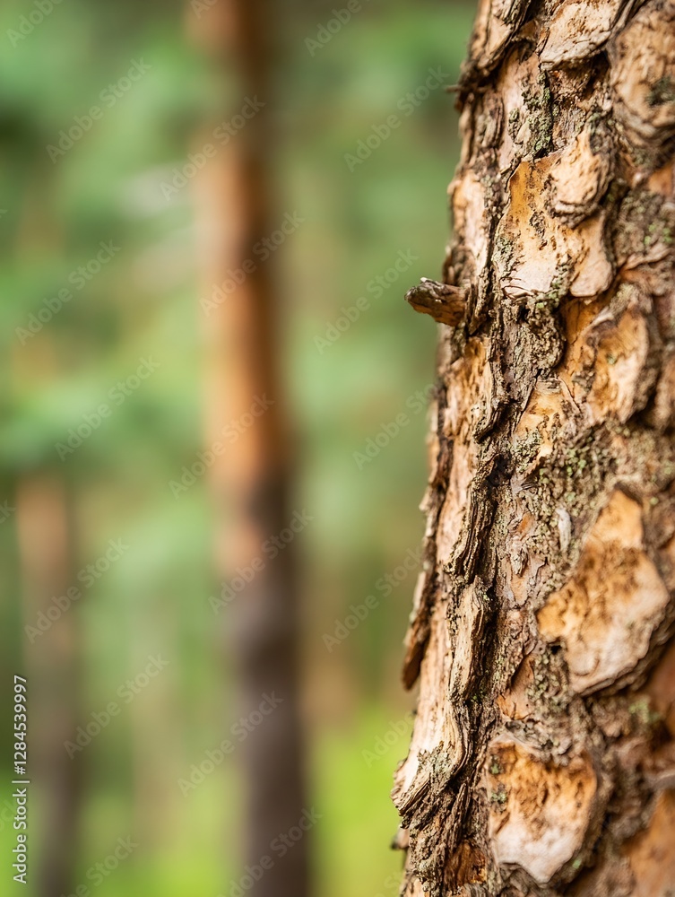 Closeup of rough bark on a pine tree surrounded by a soft blurred forest background : Generative AI Closeup of rough bark on a pine tree surrounded by a soft blurred forest background : Generative AI