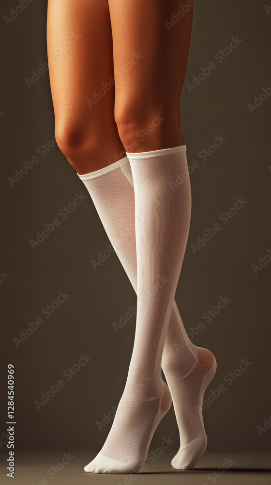 Elegant and delicate portrayal of long white socks on beautiful female legs, with the legs positioned on tiptoes and soft lighting enhancing the smooth fabric texture Elegant and delicate portrayal of long white socks on beautiful female legs, with the legs positioned on tiptoes and soft lighting enhancing the smooth fabric texture