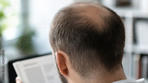 A man with thinning hair in his home office, reading a hair care guide. Featuring self-education and dedication