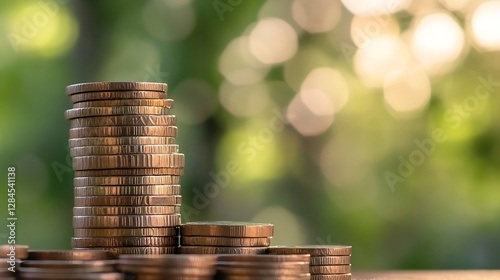 Stack of shiny coins placed elegantly in the foreground with a blurred green background : Generative AI photo