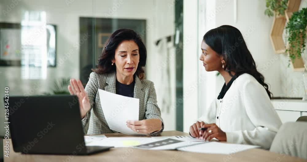 Business women, financial advisor and documents with laptop, budget and audit for customer portfolio. Mentor, accountant and agent meeting with papers for consultation advice or assistance review Business women, financial advisor and documents with laptop, budget and audit for customer portfolio. Mentor, accountant and agent meeting with papers for consultation advice or assistance review